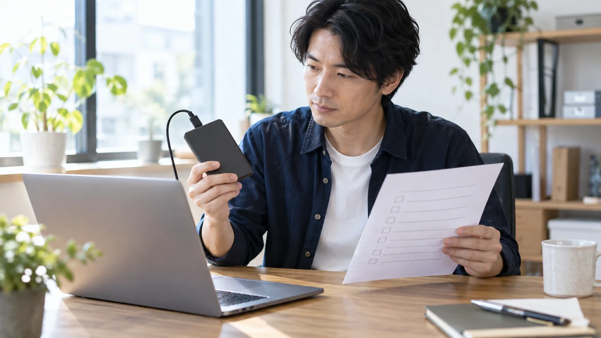 ノートPCと外付けドライブを見比べ、変更前の準備を確認する架空のWeb担当者