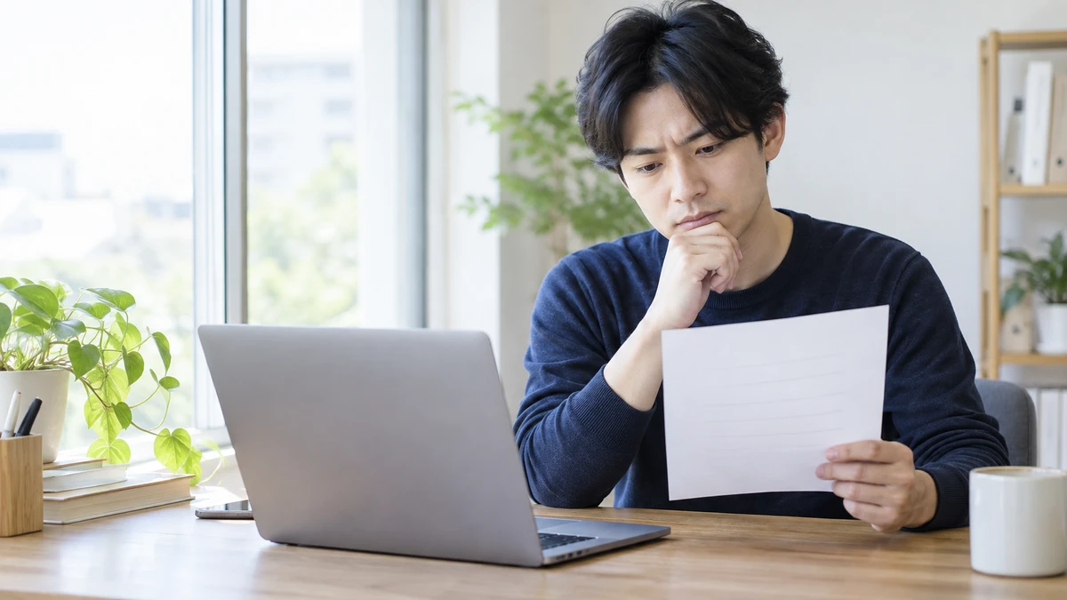 資料とノートPCを見比べ、変更内容と復元手順を確認する架空のWeb担当者