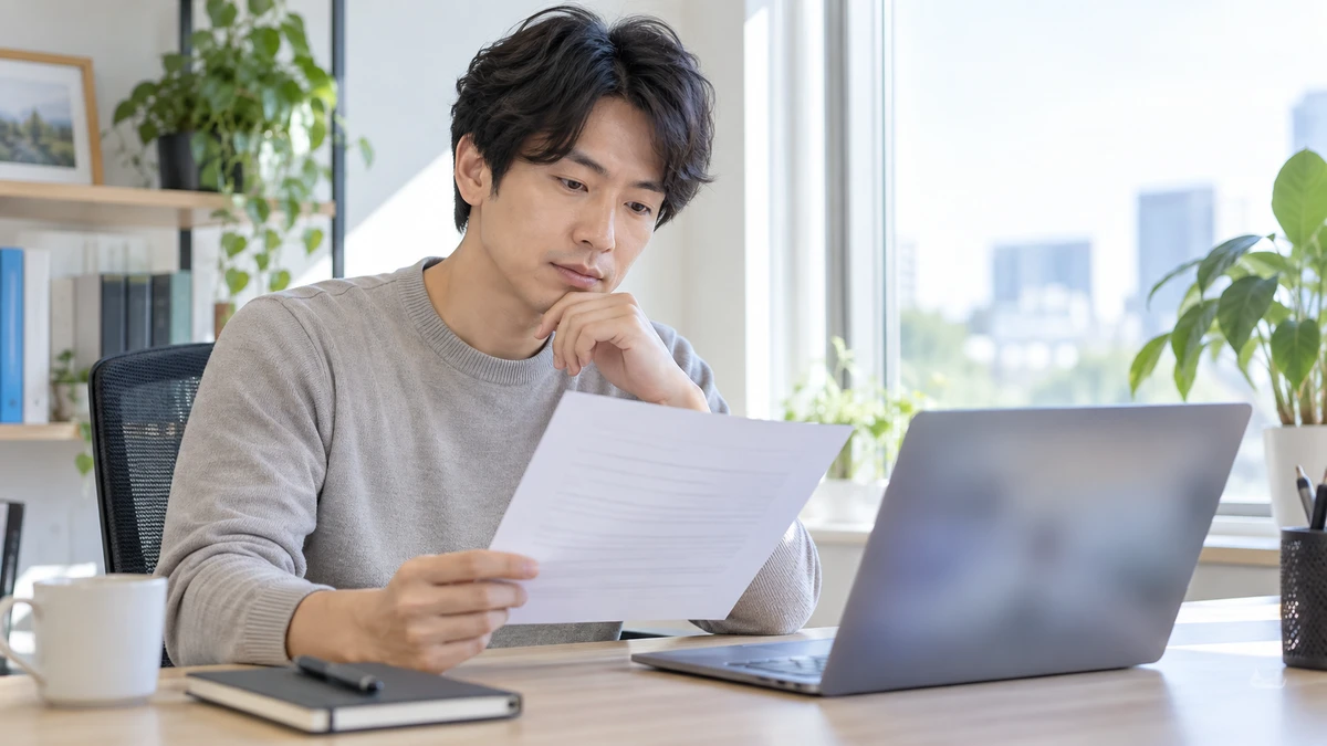 資料とノートPCを見比べ、内容を人が照合する架空の技術者