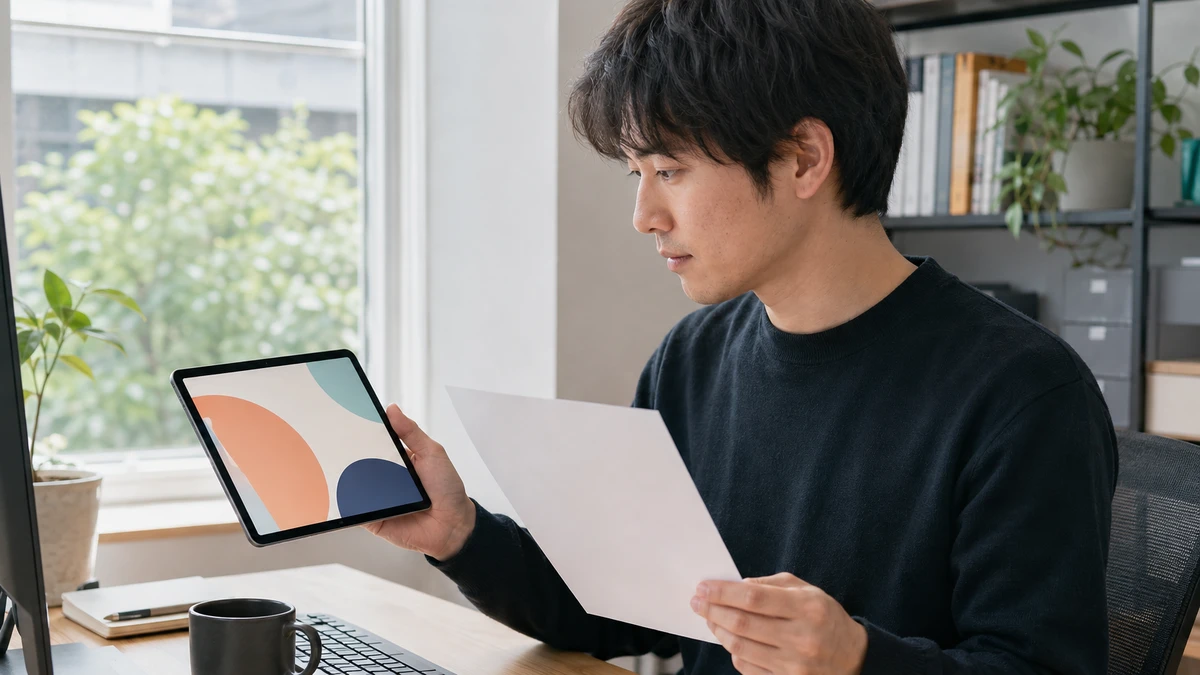 文字のないテスト画像をタブレットで確認し、メモと見比べる開発担当者