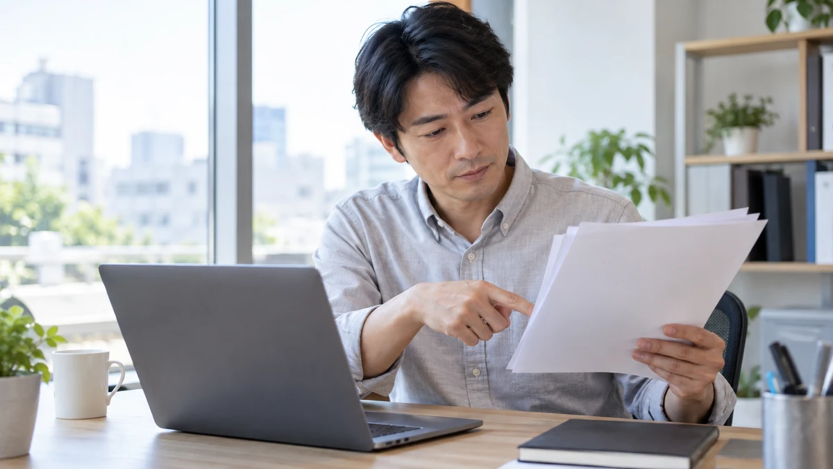 紙の資料とノートPCを見比べ、確認範囲を整理する架空の技術者