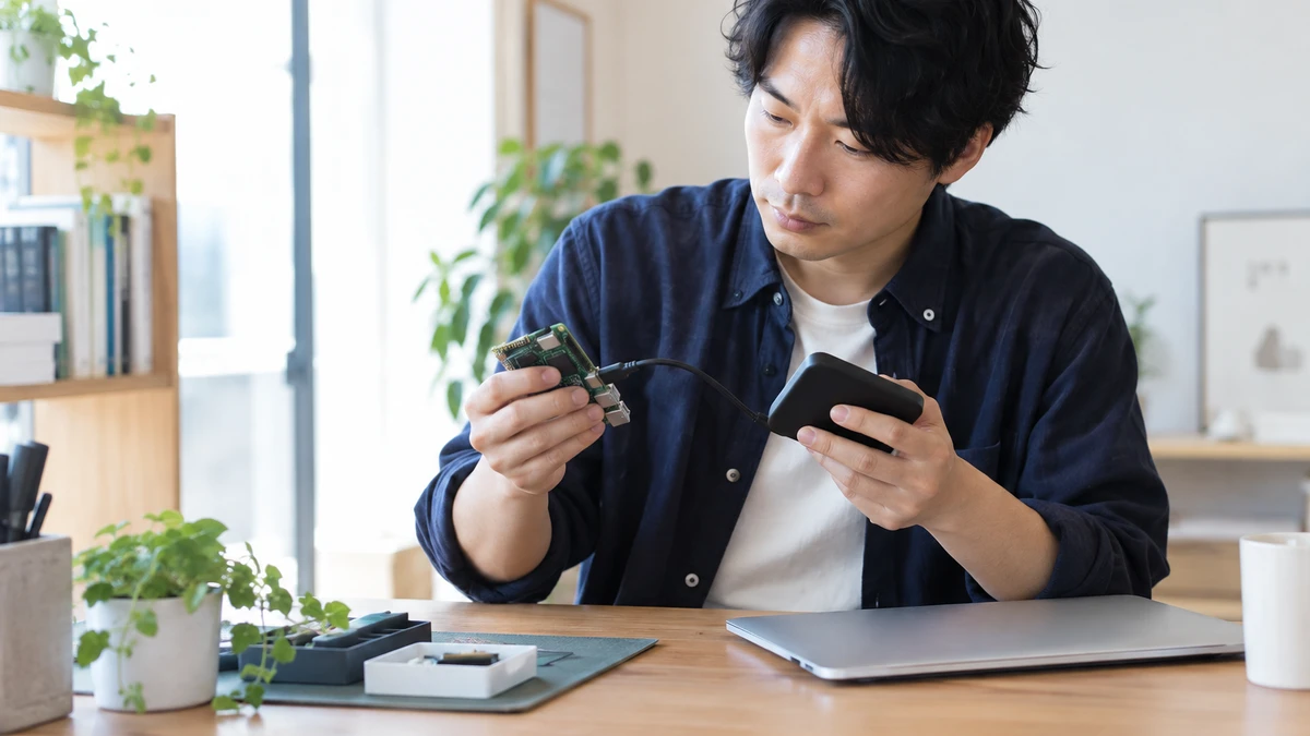 小型コンピュータと外付け保存装置を机上で確認する開発担当者