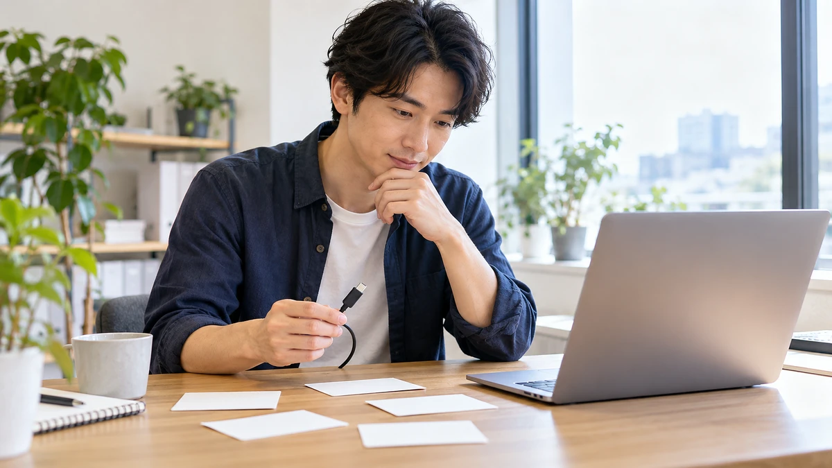 無地のカードとノートPCを見比べ、外部ツールへの接続を検討する架空の開発担当者