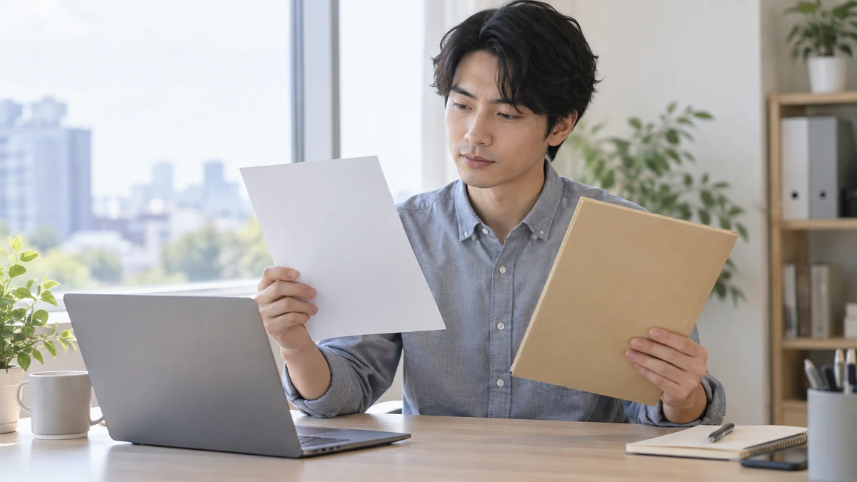 ノートPCと無地のチェック用紙を見比べ、採用前に変更内容を確認する架空の開発担当者