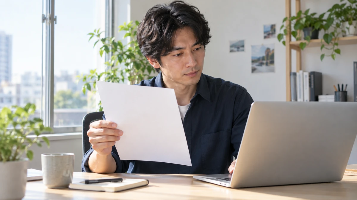 無地の確認用紙とノートPCを見比べ、処理結果を照合する架空の開発担当者