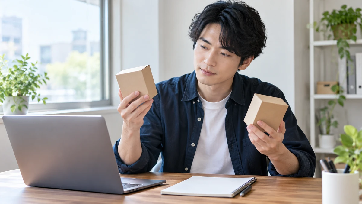 無地の小箱と確認用紙を見比べ、利用範囲を確認する架空の開発担当者