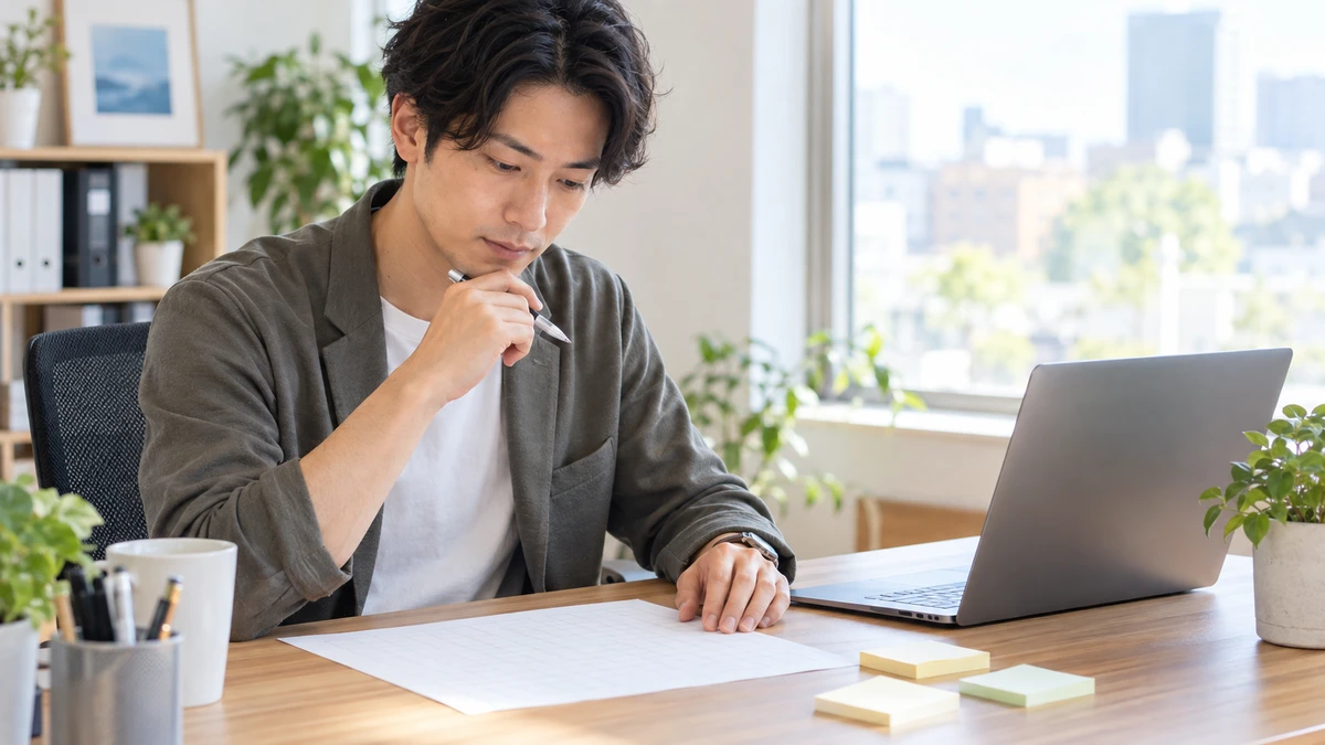 無地の確認用紙とノートPCを見比べ、テスト前の仕様を確認する架空の開発担当者