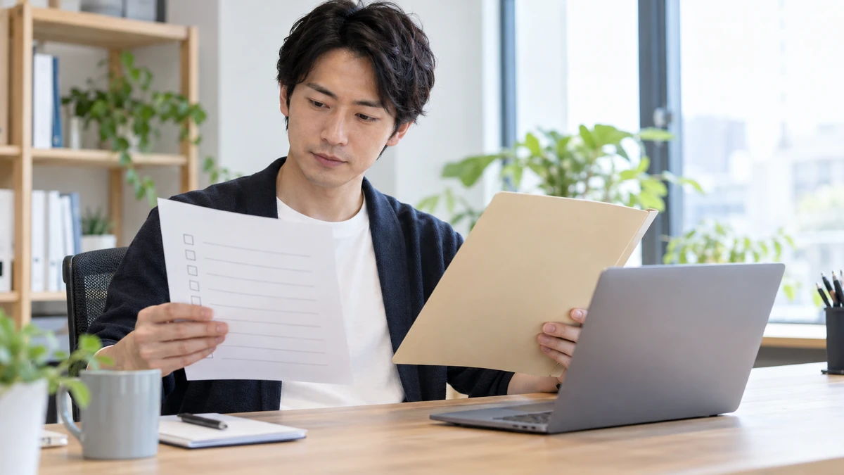 ノートPCと無地のチェック用紙を見比べ、テストを採用前に確認する架空の開発担当者